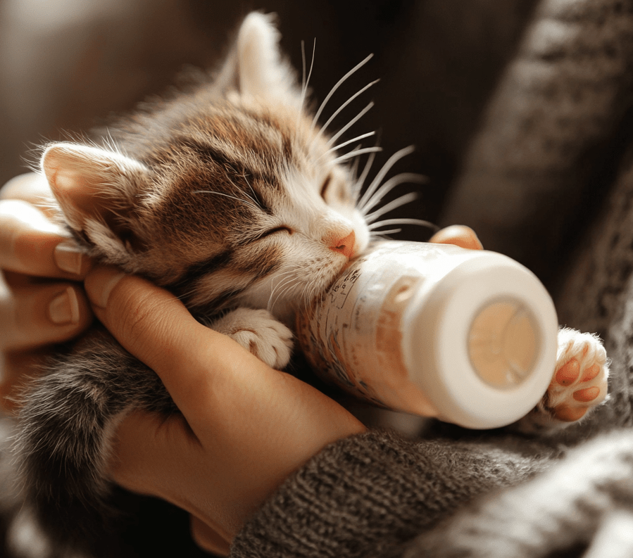 A kitten being bottle-fed by a caregiver, with the caregiver holding the kitten gently on its stomach.
