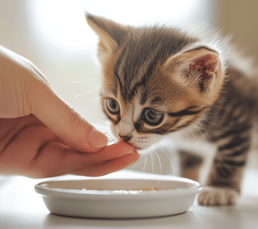 A kitten licking kitten formula from a caregiver's finger while a shallow dish of food sits nearby.
