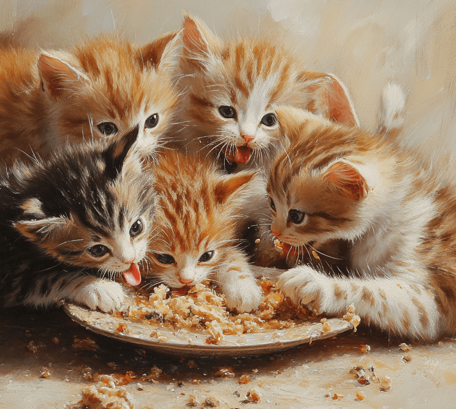 A playful group of kittens eating from a shared shallow dish, with a bit of mess around their mouths and paws, showing their playful nature.
