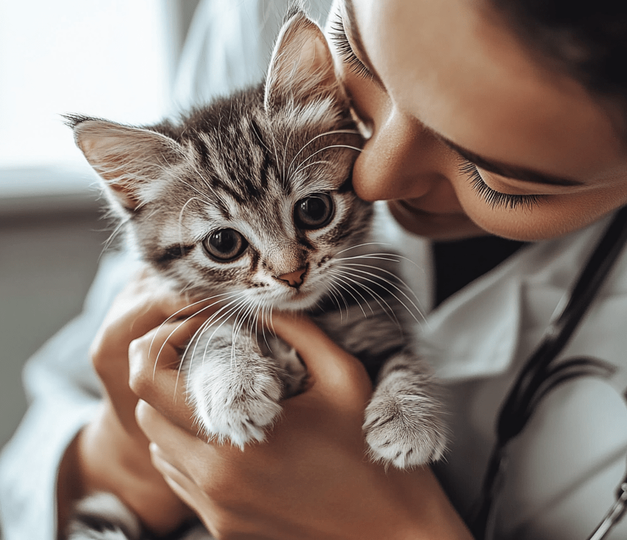 A veterinarian gently examining a kitten, with the kitten looking healthy and content.
