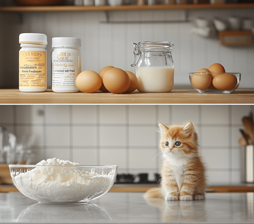 A visual comparison of commercial kitten milk replacer packaging next to ingredients for homemade kitten formula, like goat milk, egg yolks, syrup, and vitamins.
Purpose: To highlight the differences between commercial kitten formulas and homemade options.
