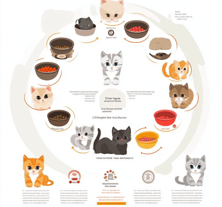 An infographic chart showing a timeline of kitten feeding schedules based on age 