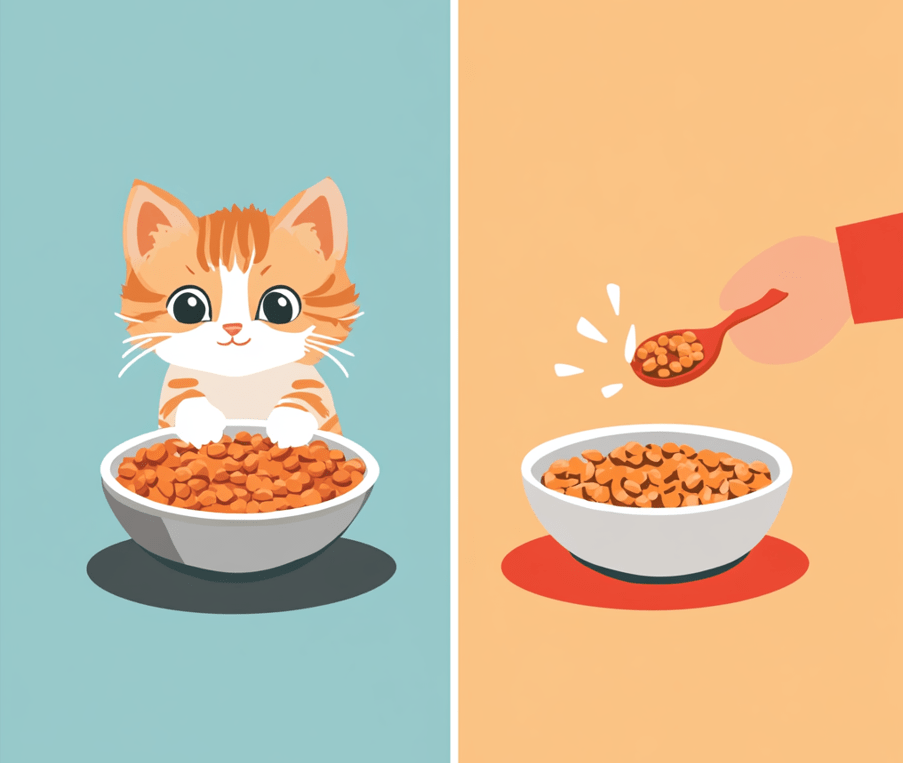 A visual comparison of two scenarios: free-feeding (a bowl with dry food accessible at all times) and scheduled feeding (a person feeding a kitten at specific intervals).