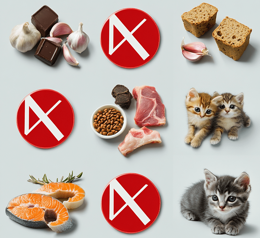 A warning-style image showing foods that kittens should not consume (onions, garlic, chocolate, grapes, raw meat, etc.) with a visual “No” sign (crossed-out symbols). 