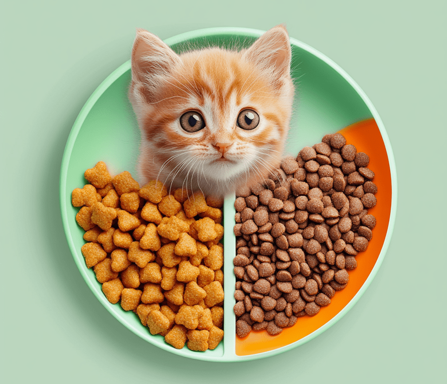  A visually appealing plate divided into sections showing a balanced mix of wet food, dry food, and a kitten happily eating.