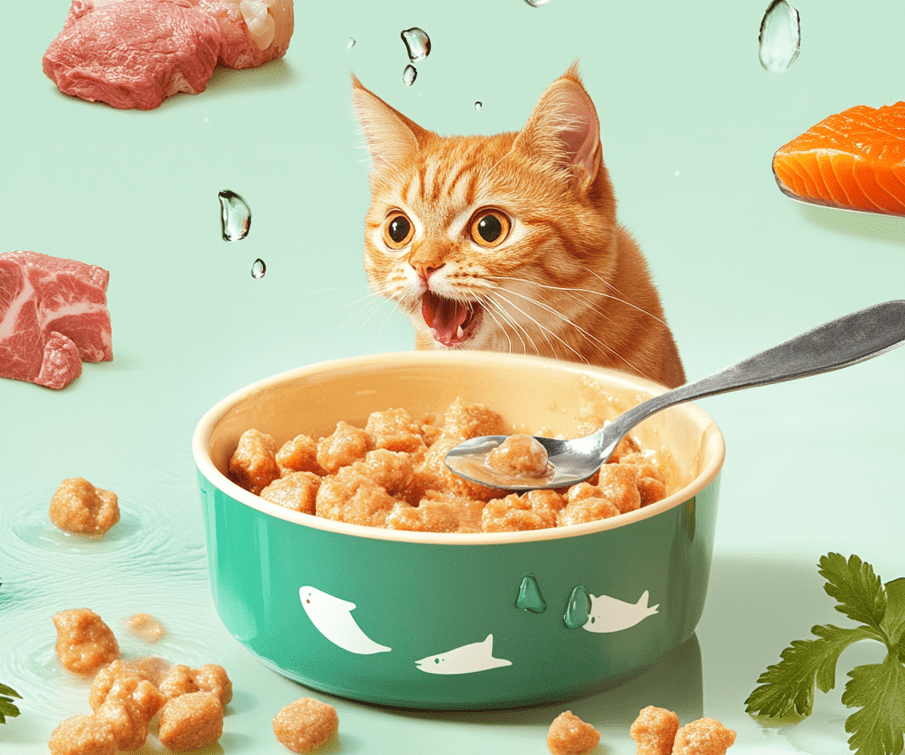 A visually appealing image of a bowl of wet cat food with a spoon, surrounded by elements that represent hydration, taste, and high-protein content