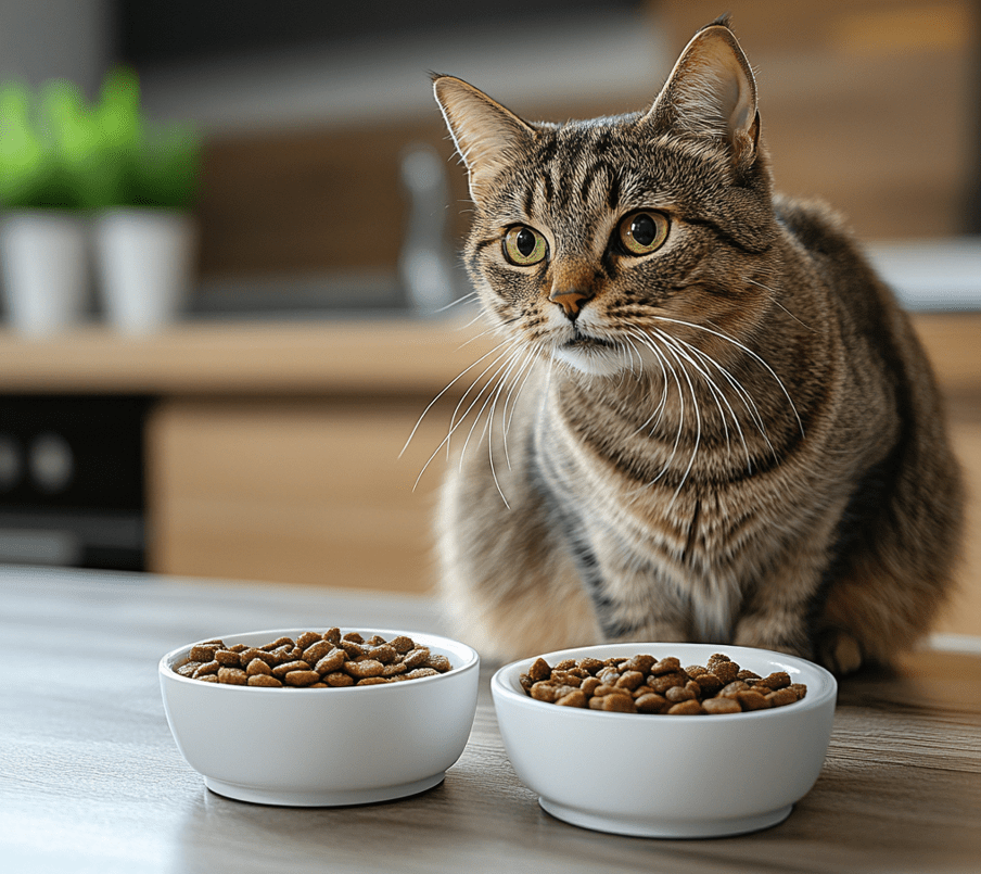 An image of a cat eating from two separate bowls: one bowl contains dry cat kibble, and the other bowl contains wet food. 