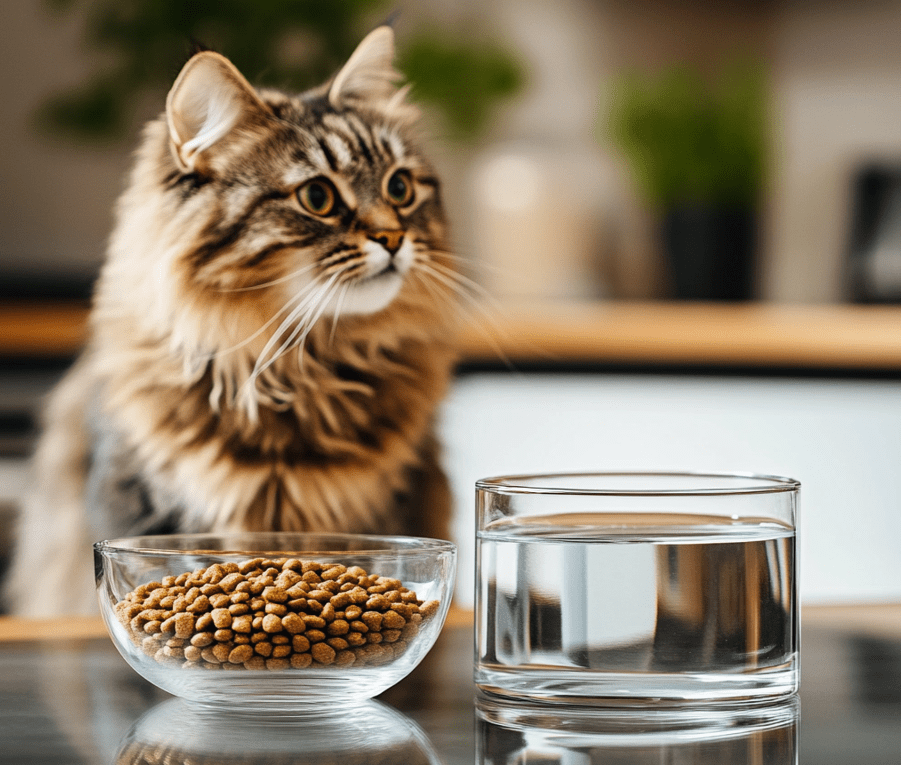 A visual of a bowl of dry food placed next to a water bowl, with a healthy cat nearby. Add subtle indicators of hydration (a water droplet icon) to highlight the importance of moisture. 