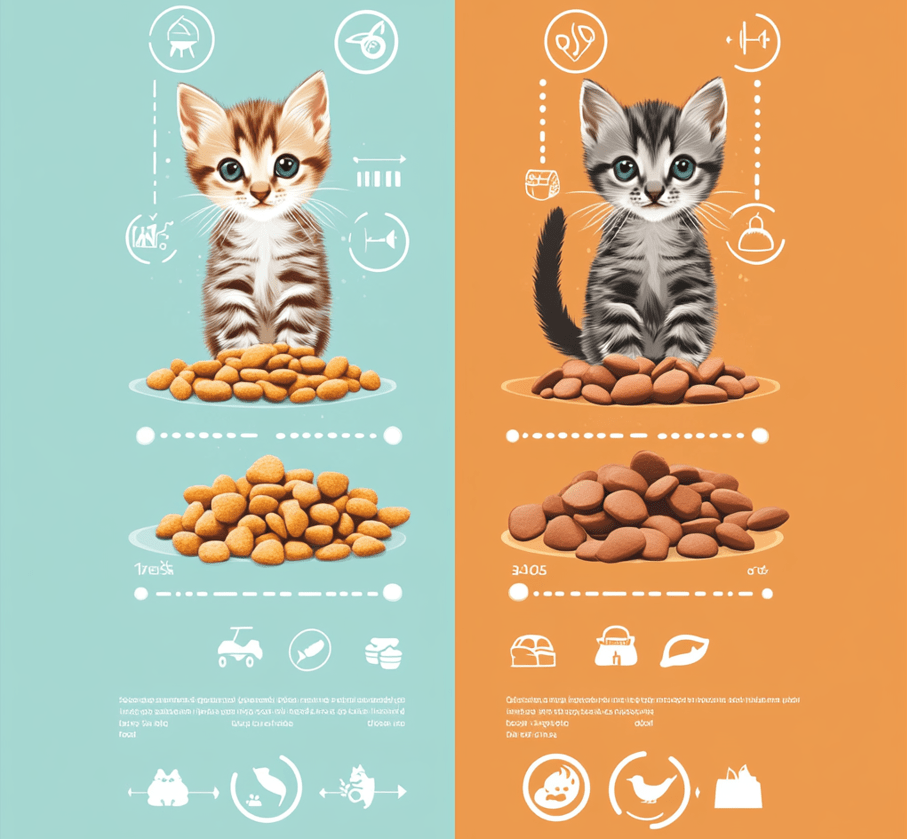  A vibrant infographic-style image showcasing the differences in nutritional content between kitten food and adult cat food. It highlights higher calories, protein, and fats in kitten food, with essential nutrients like calcium and amino acids labeled clearly.