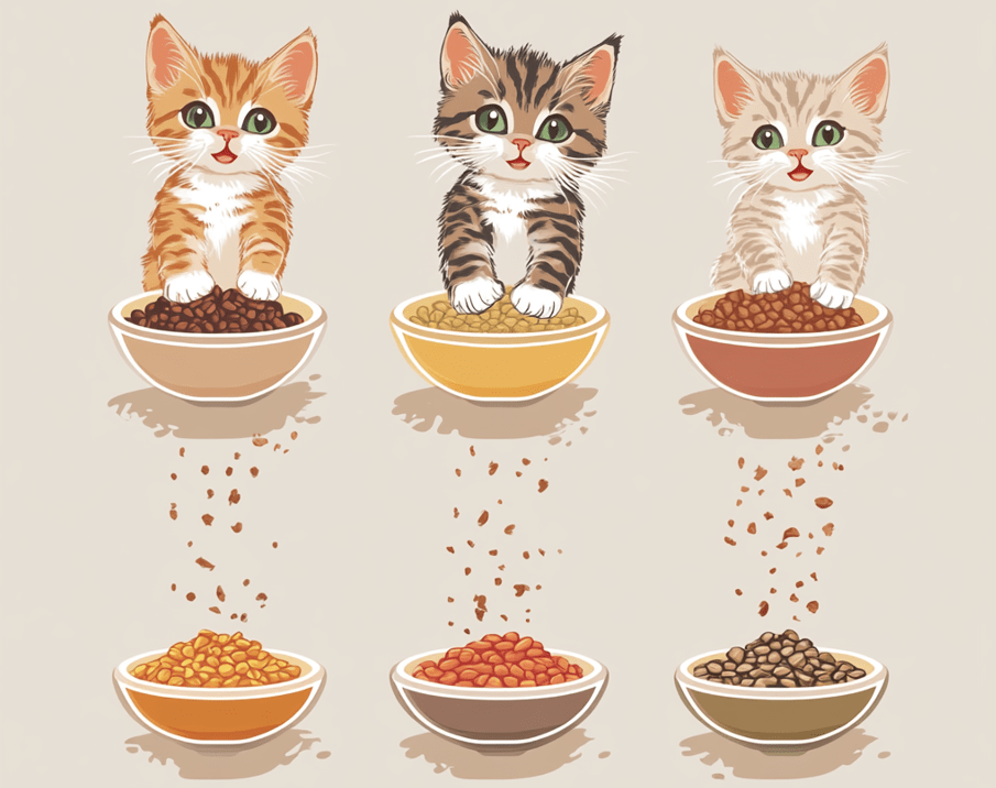 A timeline visual showing the gradual transition from kitten food to adult food over 10 days, with bowls labeled "Kitten Food" and "Adult Food" transitioning in proportion from 75%-25% to 10%-90%. 