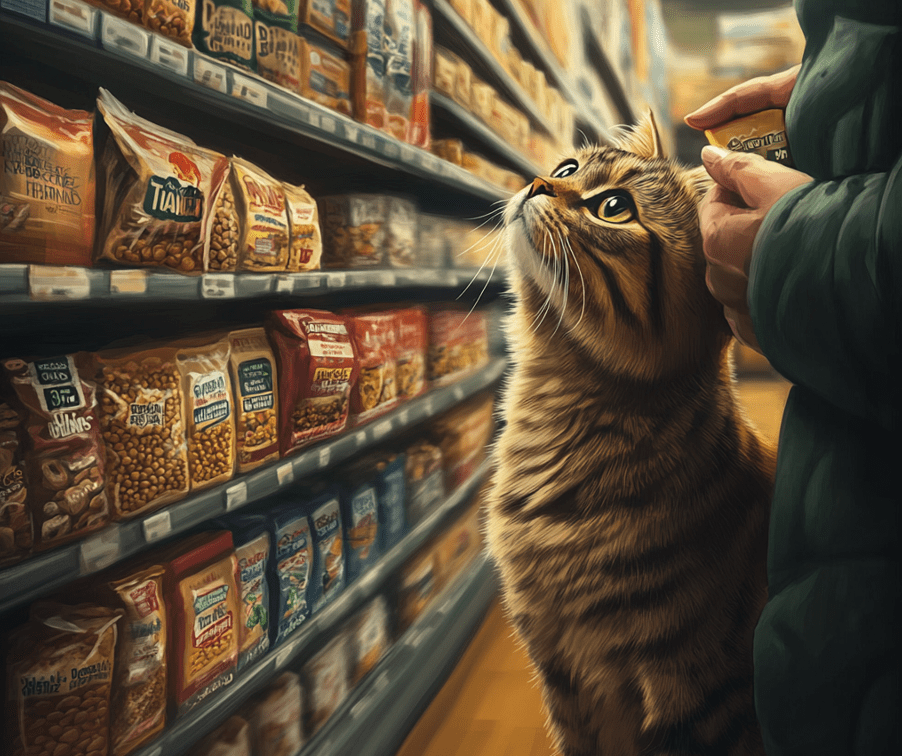 A shopping aisle filled with various cat food options. Labels on the packages include "High Protein," "Omega-3 & Omega-6," and "Low Carbs." A cat owner is seen reading a package with a curious adult cat nearby. 