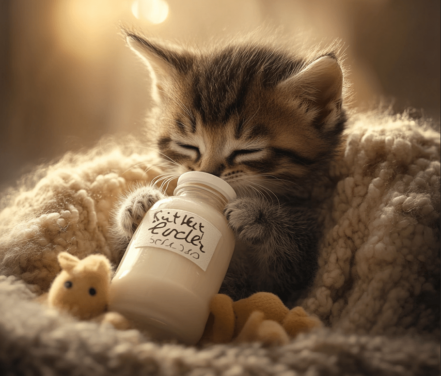 A kitten drinking from a bottle of kitten milk replacer with a label indicating "Kitten Milk Formula." The background includes baby kitten essentials like a soft bed and small toys.
