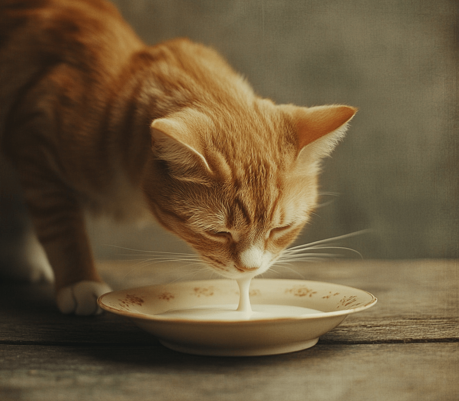 A selection of lactose-free milk cartons labeled "Cat-Safe Milk" alongside a glass of water and a balanced cat food bowl.
