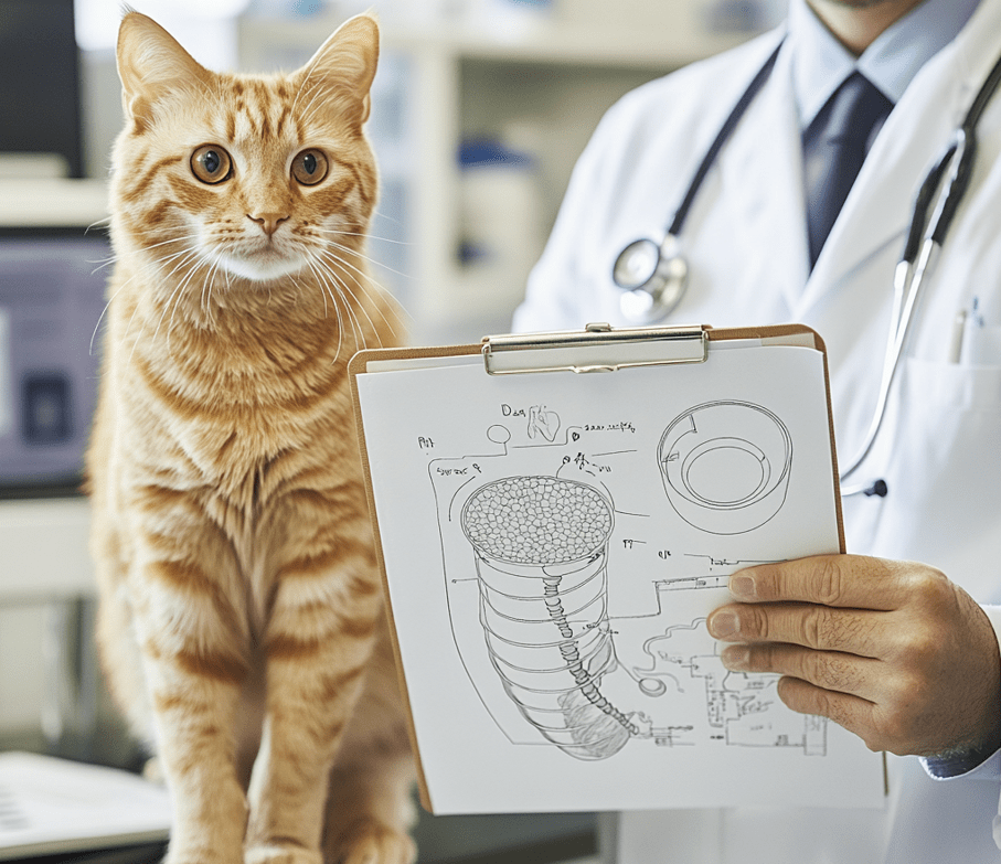  A veterinarian holding a clipboard, pointing to a diagram of a cat's digestive system, with a small rice bowl illustration.