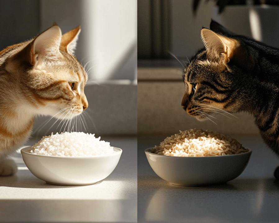 A comparison of two bowls: one with white rice and one with brown rice, with a cat sniffing one of them. 