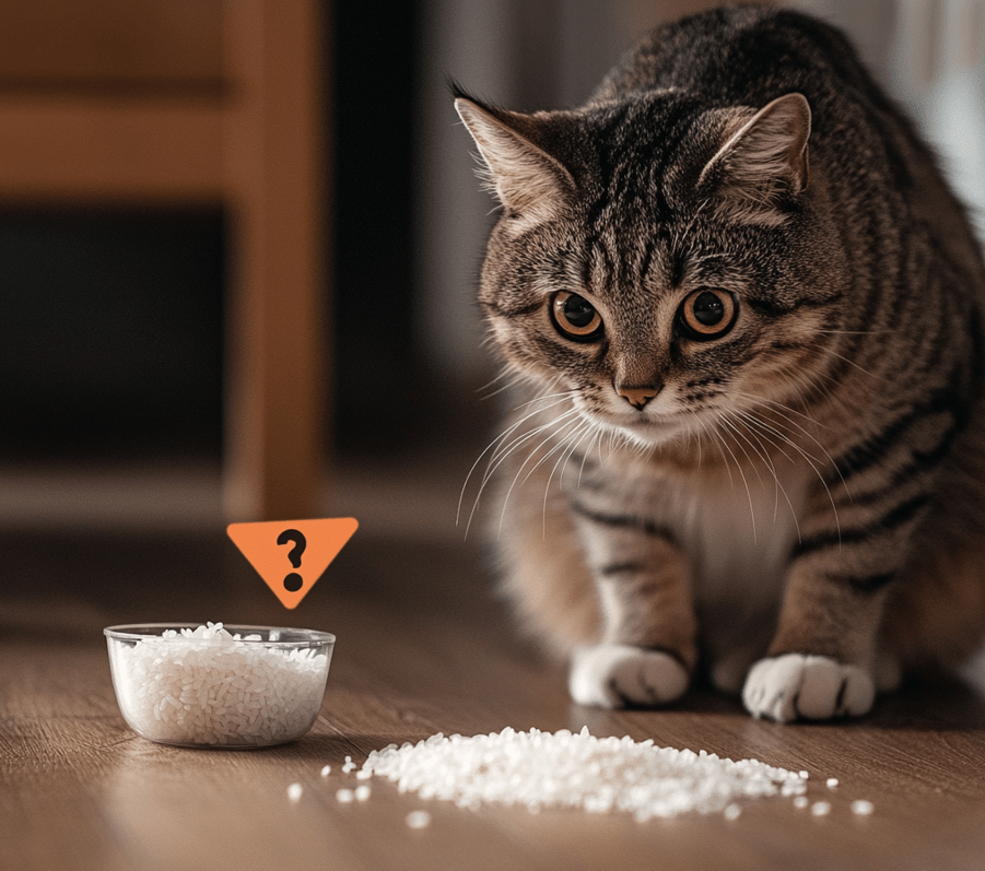 A worried-looking cat sitting near a spilled bowl of rice with a warning symbol overlayed.
