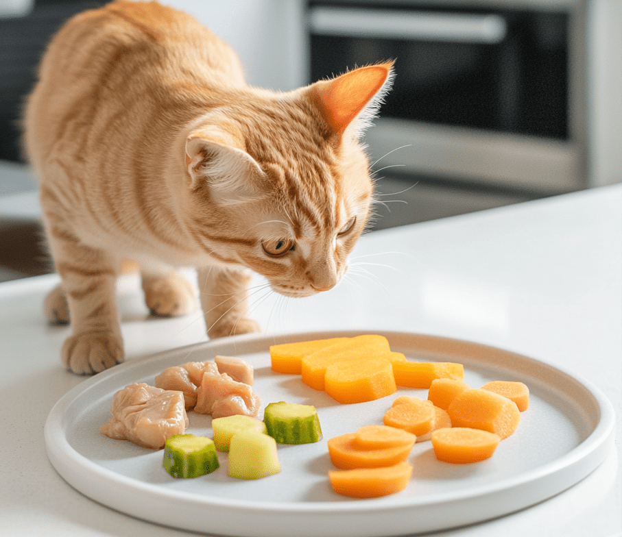 A spread of safe food options for cats, including small pieces of cooked chicken, pumpkin, and carrots, with a cat inspecting the spread.
