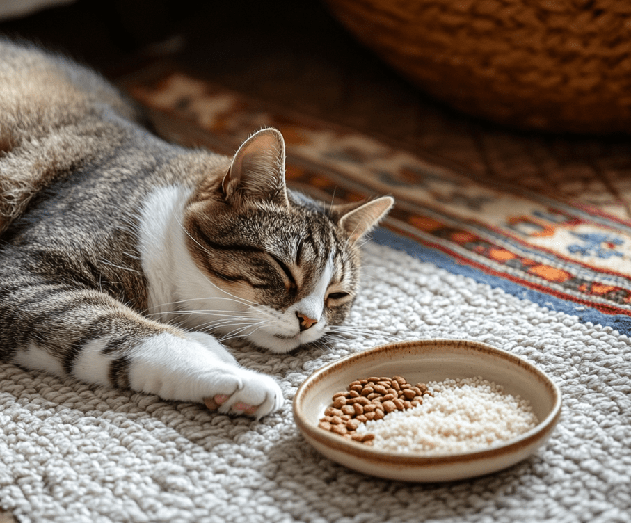 A happy, healthy cat lounging next to a bowl of nutritious cat food, with a small plate of rice placed nearby as a treat.
