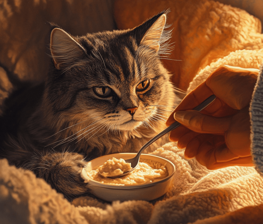 An older, calm-looking cat being fed baby food with a spoon by a caring hand.
