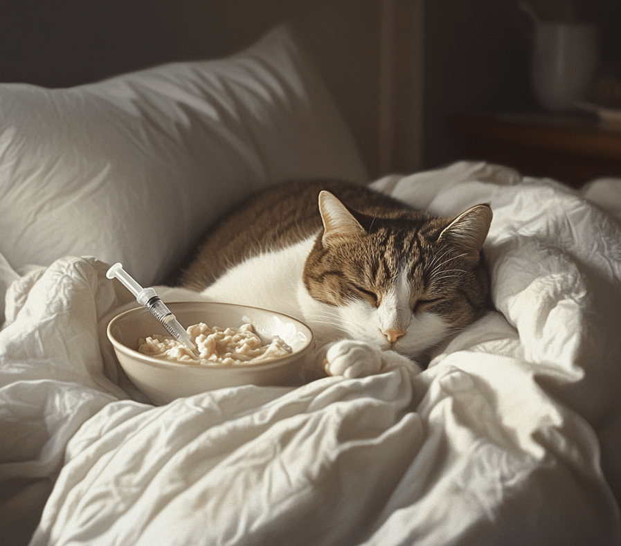 A sickly-looking cat lying down on a soft bed, with a bowl of baby food and a small syringe nearby.