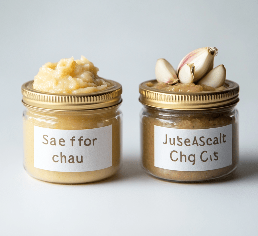 A visual comparison showing jars of baby food labeled "Safe" and "Unsafe" for cats, with ingredients like chicken on the safe side and garlic on the unsafe side.
