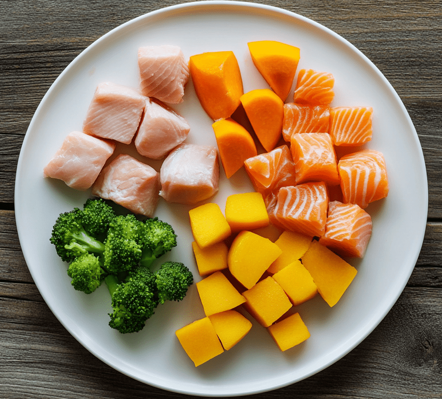 A well-balanced cat food platter with cooked chicken, salmon, and a small portion of vegetables like carrots and pumpkin, arranged aesthetically.
