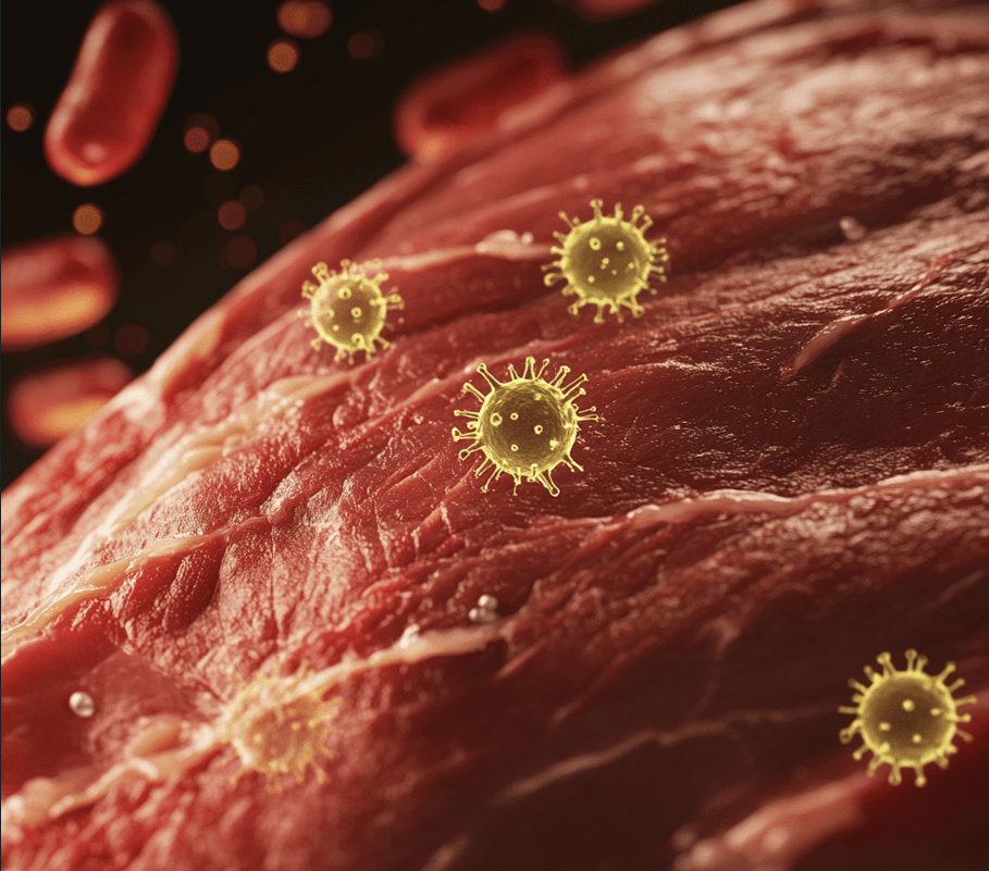 A close-up image showing raw meat with bacteria symbols (like microscopic images of germs) superimposed.
