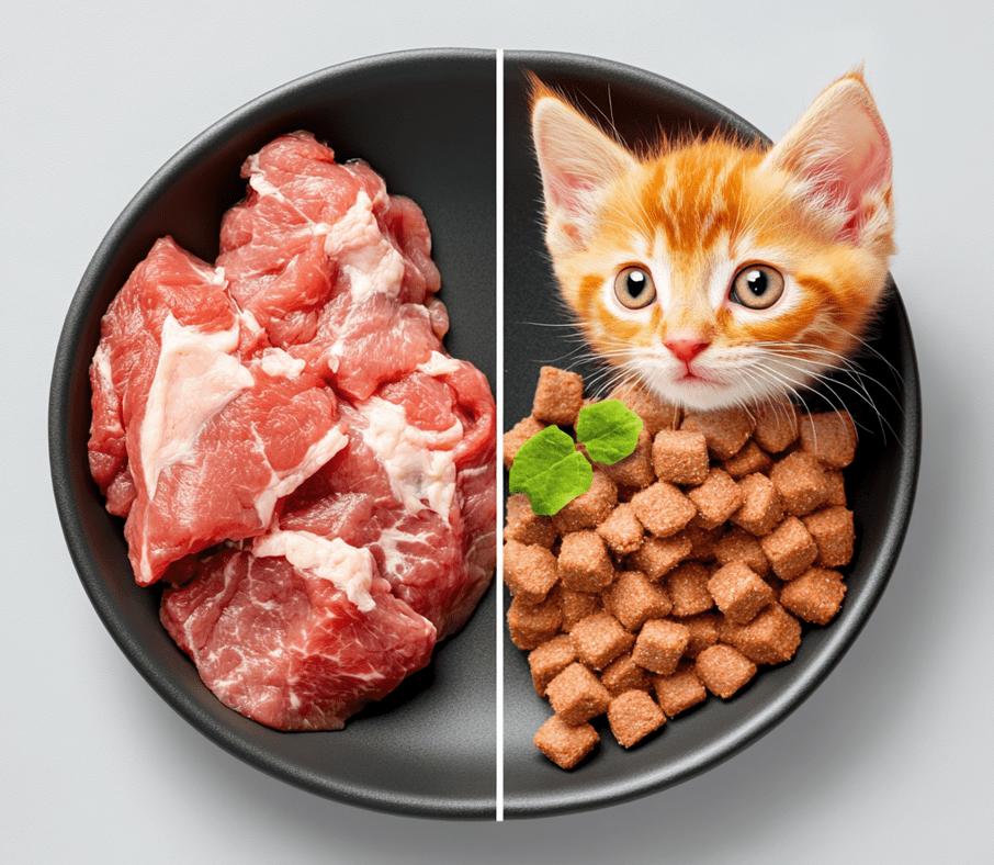 A visual comparison of raw meat vs. commercial kitten food showing nutrient breakdown.
Placement: In the section about nutritional imbalances.
