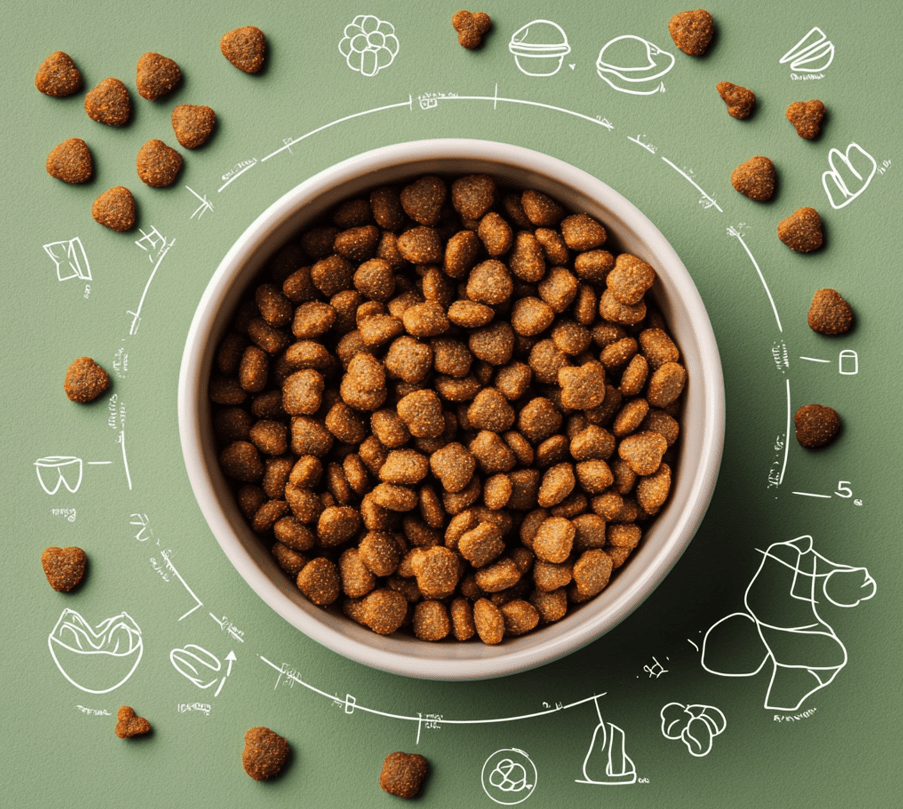 A bowl filled with kibble along with infographics showcasing dental health benefits and nutritional elements (protein, omega fatty acids, vitamins).
