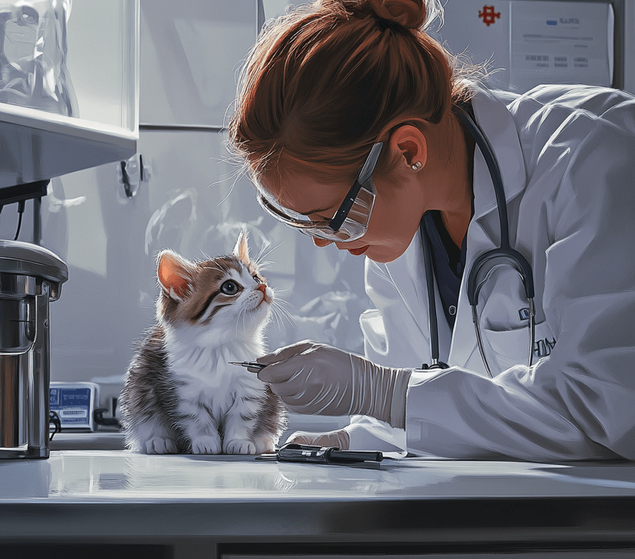 A kitten being examined by a veterinarian, with a vet clinic background.