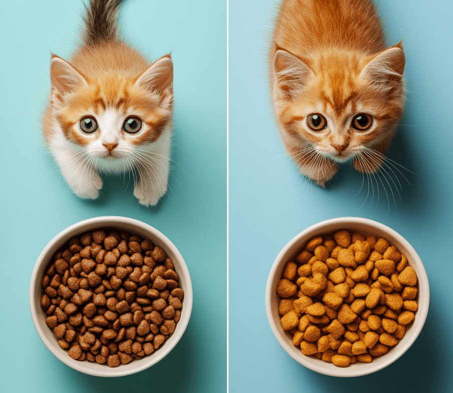  A side-by-side comparison of a kitten and an older cat, highlighting their differing eating habits, sizes, and energy levels. 