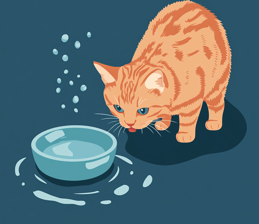 An image of a cat eating wet food alongside a water bowl, showing a comparison of high moisture wet food versus minimal water bowl usage.
