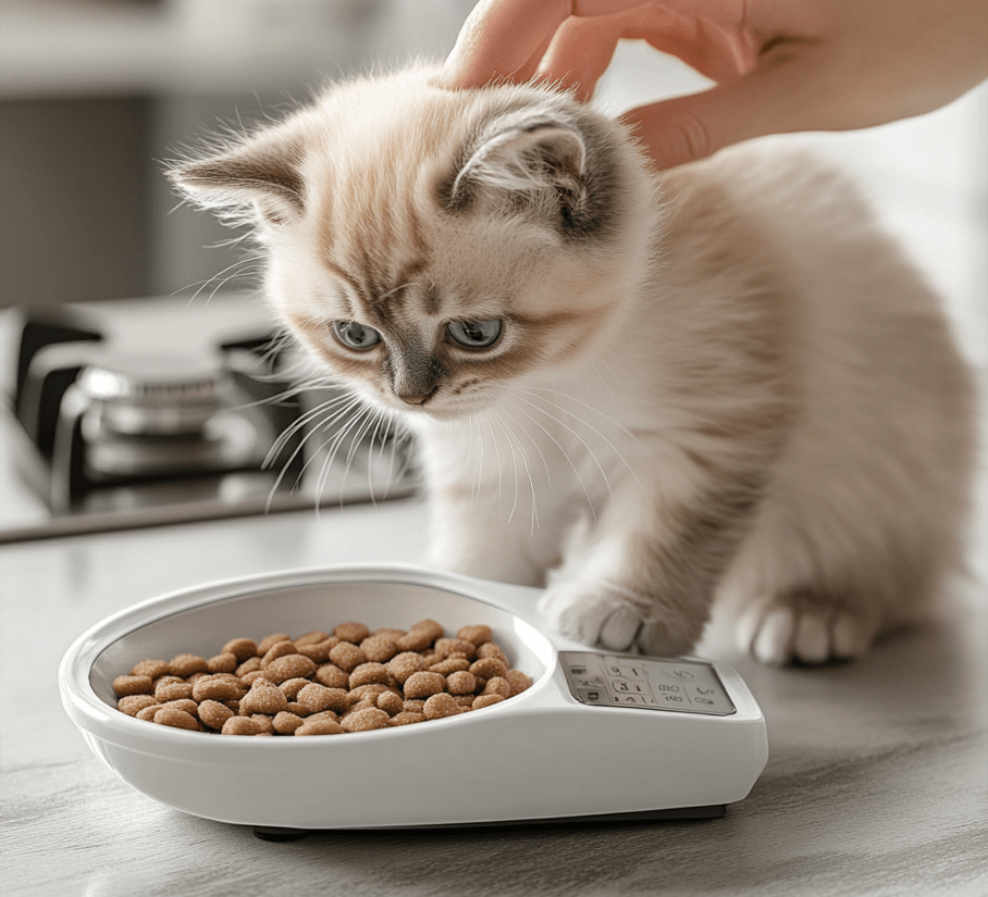 A scale showing a kitten being weighed.
A close-up shot of a kitten portioned meals according to age.
