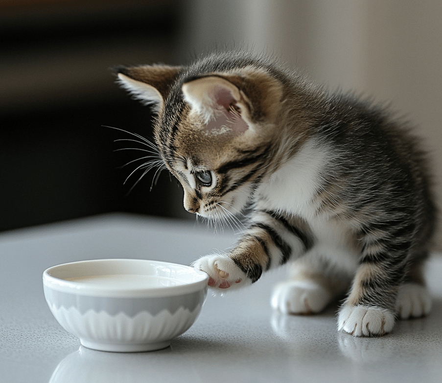 A kitten refusing a bowl of cow’s milk. A visual comparison showing kitten-friendly milk substitutes like kitten milk replacer. 