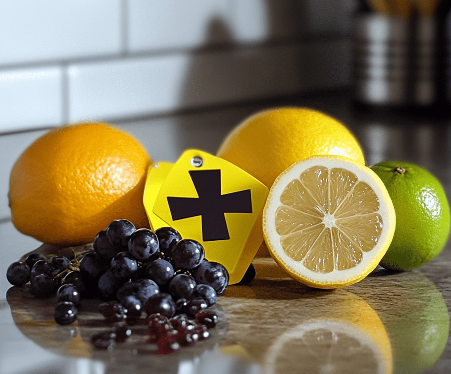 A visually clear depiction of grapes, raisins, citrus fruits (lemons, oranges), and warning symbols (cross signs) to indicate toxicity.
