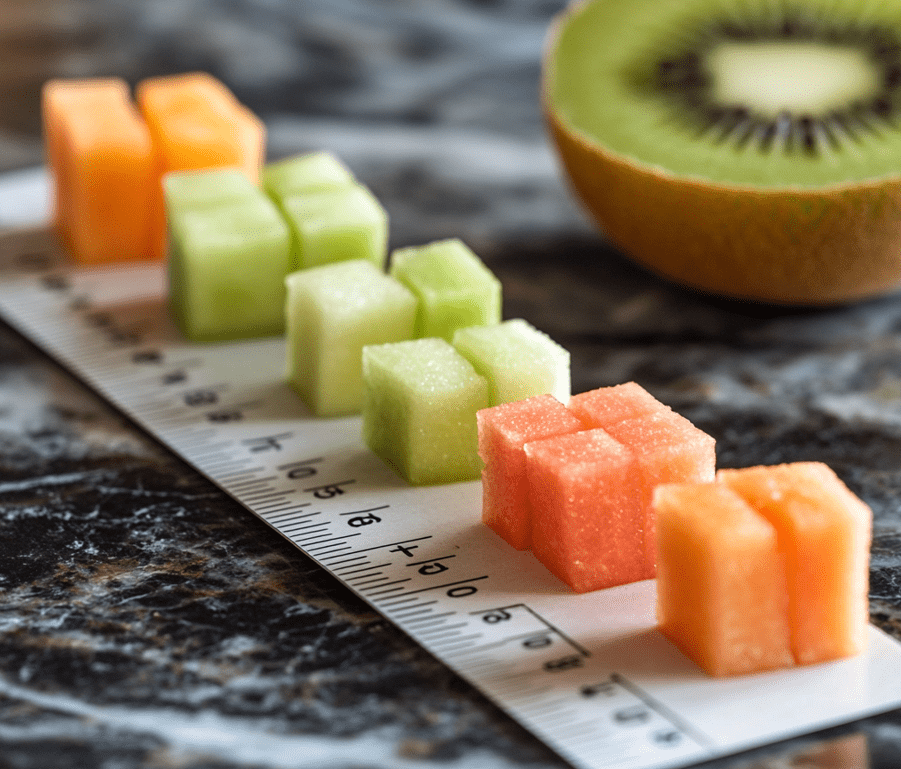 A visual representation of a 1-inch portion of fruit (small cubes of apples, melon, etc.).
