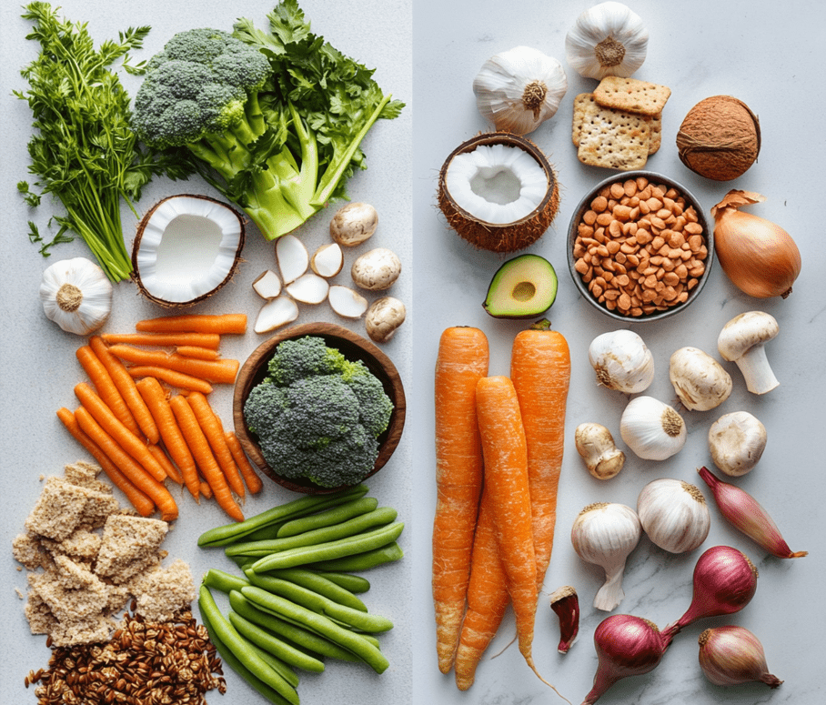 A split visual comparison of safe foods (asparagus, carrots, coconut, etc.) and unsafe foods (garlic, chives, rhubarb, mushrooms).
