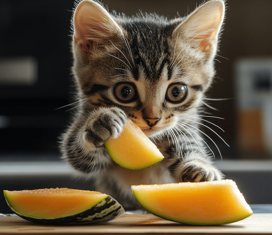 A curious cat interacting with small pieces of fruit (like tasting a slice of cantaloupe or banana). 