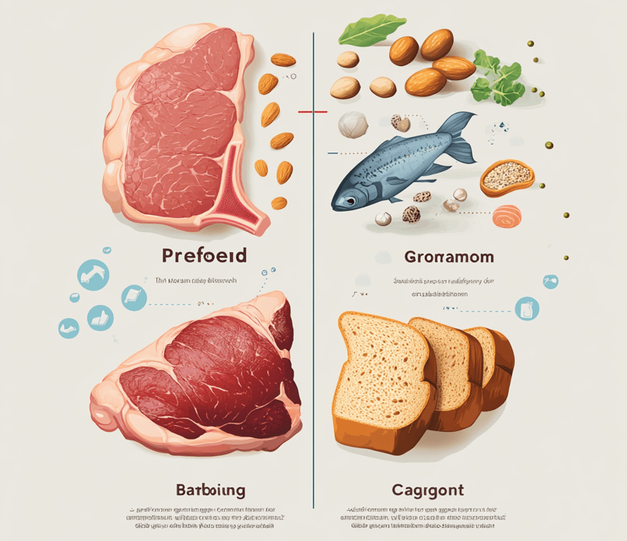 An infographic comparing meat-based protein sources vs. bread carbohydrates.
