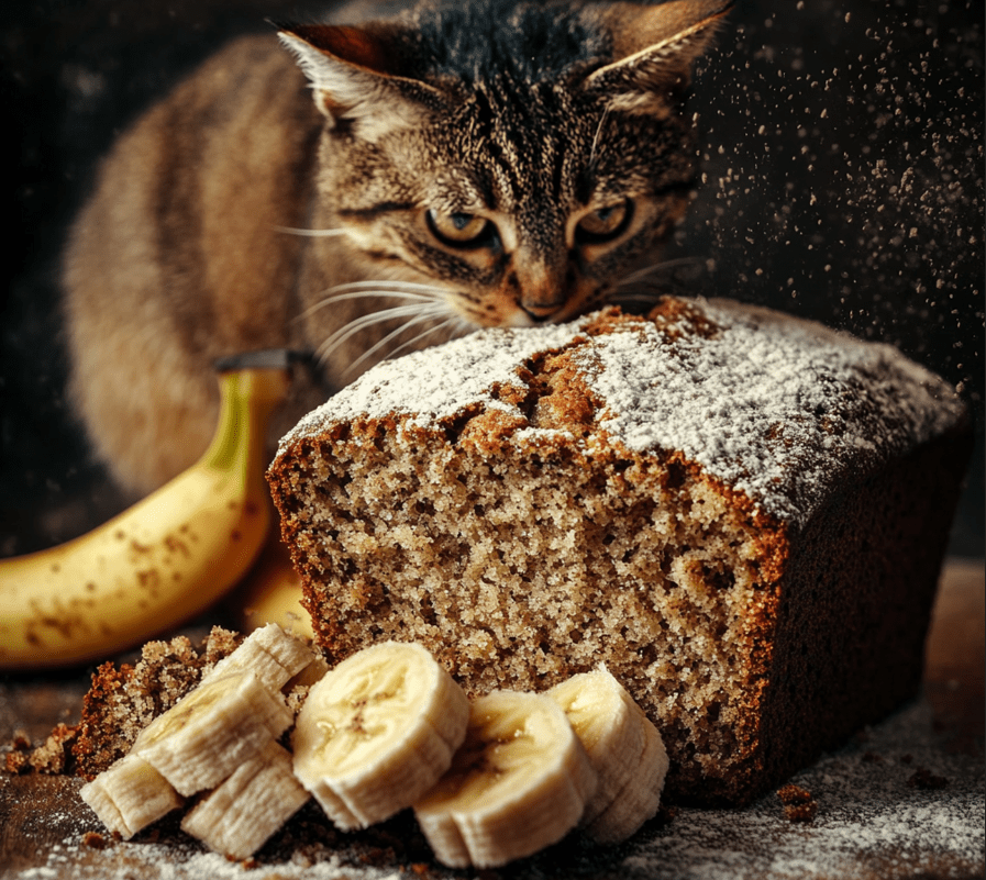  A loaf of banana bread with slices and visible added sugar and spices. A cat looking at it with curiosity.
