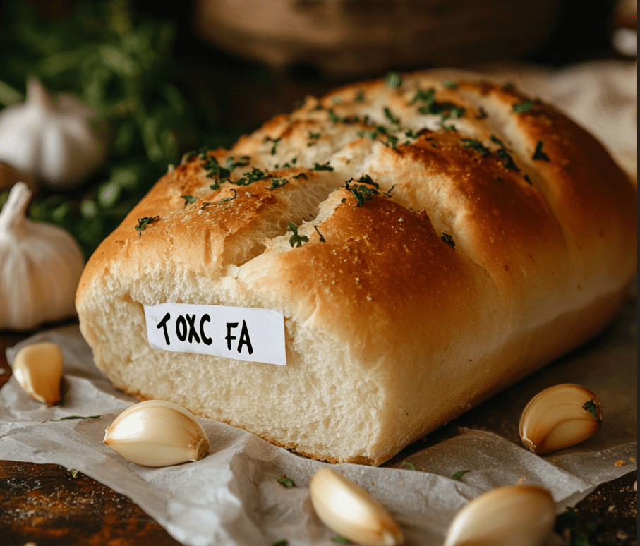 A loaf of garlic bread on a table with visible garlic cloves, along with a warning sign indicating toxicity.
