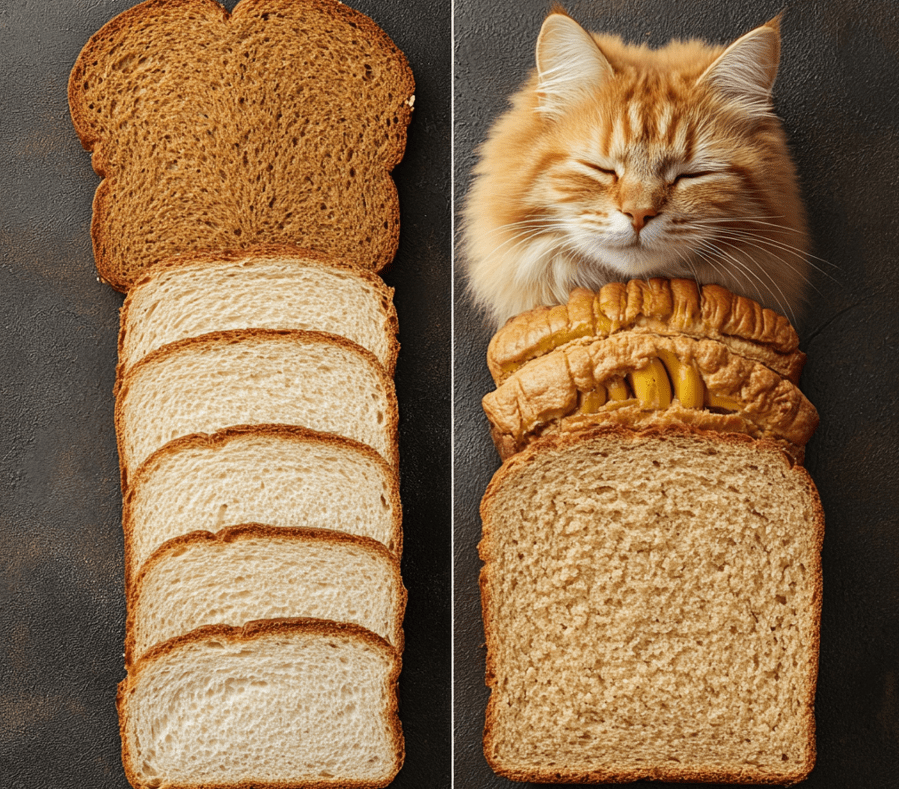 A split image showcasing different types of bread - one half with "Cat-Friendly Bread" (white bread, wheat bread, cornbread) and the other half with "Unhealthy Bread" (banana bread, pumpkin bread, Hawaiian bread).
