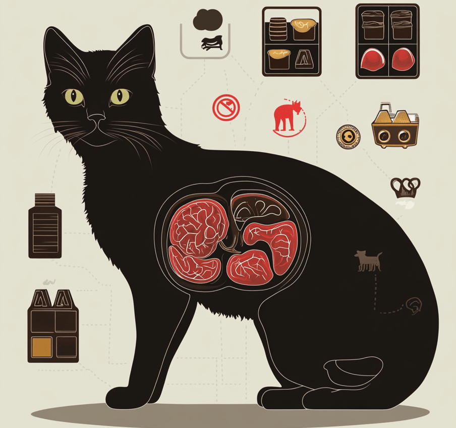 An infographic-style illustration showing a cat silhouette with highlighted organs (liver and stomach), accompanied by icons of chocolate bars and warning signs, illustrating toxicity.