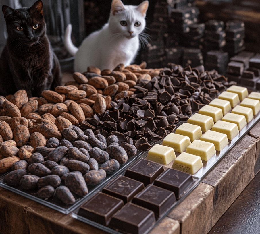 A display of different types of chocolate (cocoa beans, dark chocolate, milk chocolate, and white chocolate) arranged from most to least toxic, with clear labels and a small silhouette of a cat nearby for scale.