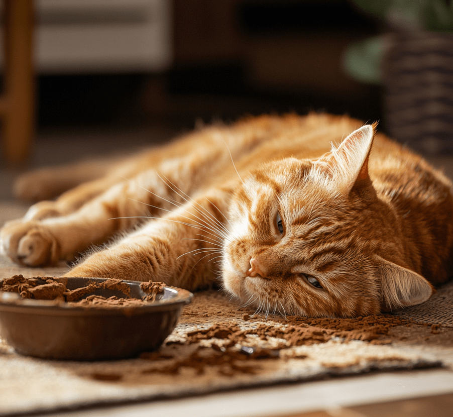 A distressed orange tabby cat lying on its side, showing signs of discomfort with a bowl of spilled chocolate nearby. The background includes a home setting with subdued lighting.