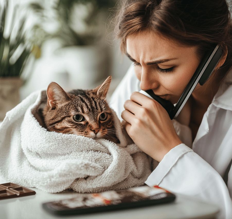 A worried pet owner on the phone with a veterinarian, holding a cat wrapped in a towel, while a chocolate wrapper lies on the table in the background.