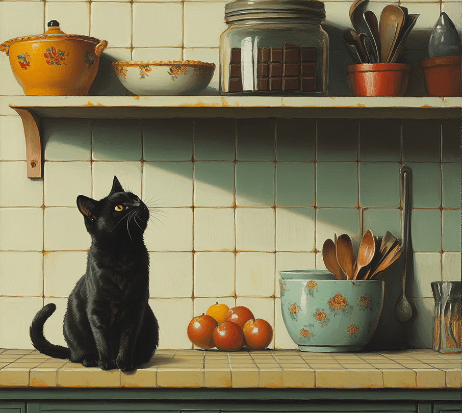 A kitchen scene showing chocolate stored in a sealed container on a high shelf, out of a cat's reach, while a curious black cat looks up from the floor.