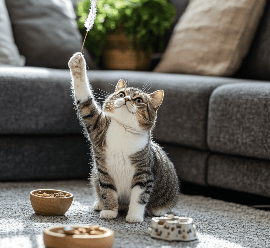 A happy gray-and-white cat playing with a feather wand next to a small bowl of catnip and a puzzle feeder filled with treats, in a cozy living room setting.