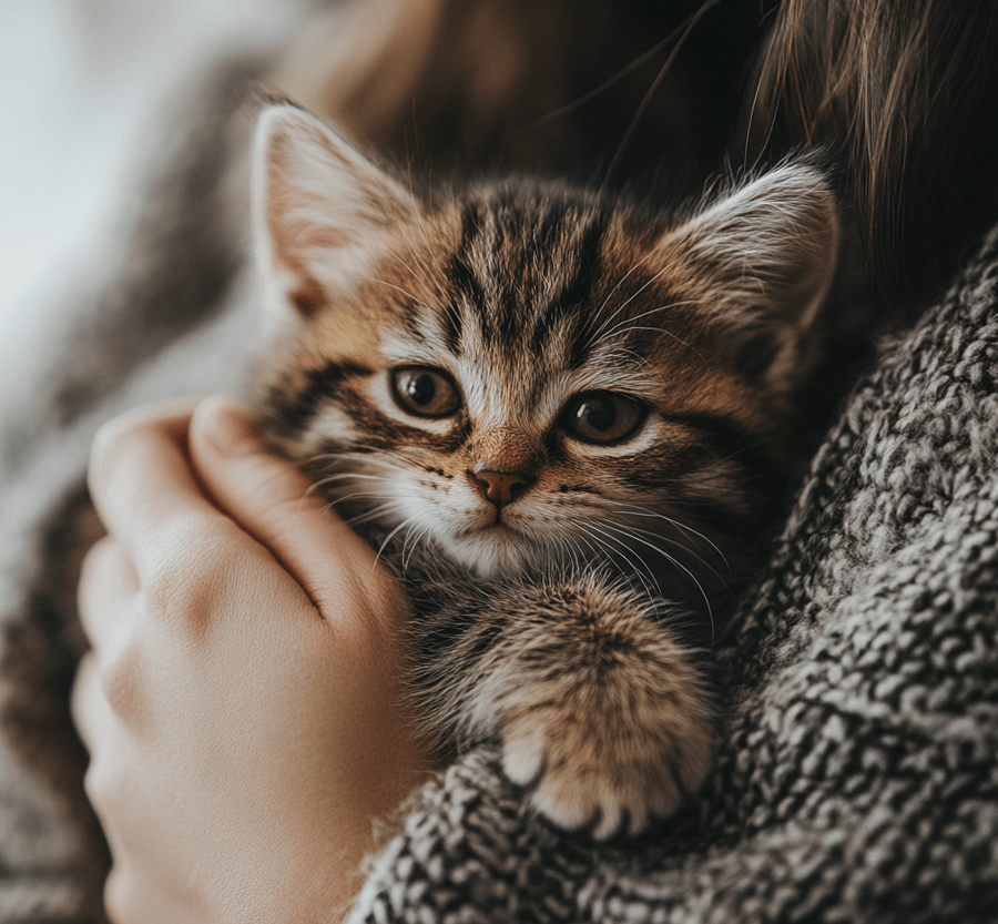  A concerned pet owner gently holding a kitten while examining it. The kitten appears calm but slightly lethargic.