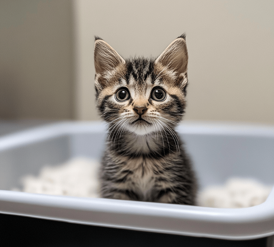  A kitten sitting inside a litter box, looking down at the box with a puzzled or strained expression.
